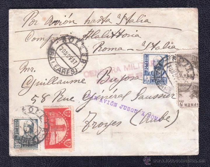 Sellos: 1937.- SOLLER (BALEARES) A FRANCIA - Foto 1