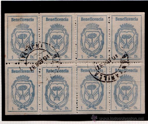 Briefmarken: LO - Guerra Civil MANZANILLA - BENEFICENCIA  Hojita  Bloque con Fesofi n&ordm; 2 (4 ejemplares ) y n&ordm; 2a