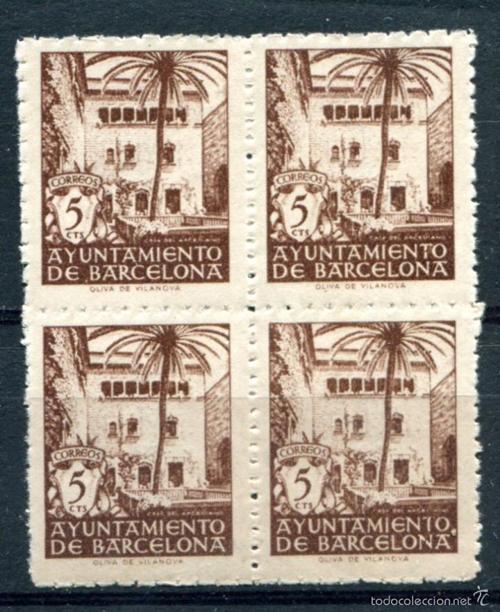 Selos: Edifil 65 de Barcelona  en bloque de 4. Variedad con letra pero sin n&uacute;mero de serie. Ver descripci&oacute;n