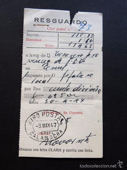 giro postal / matasellos calamocha año 1937 / Comprar Sellos usados