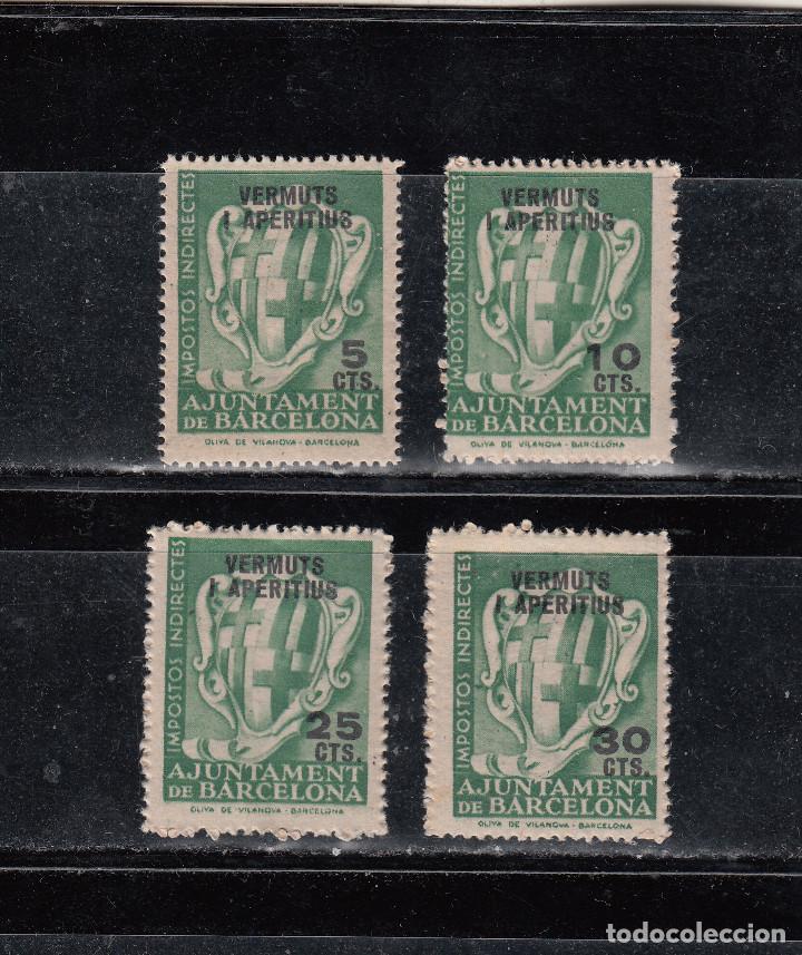 Stamps: AJUNTAMENT DE BARCELONA. IMPOSTOS INDIRECTES. VERMUTS I APERITIUN. 4 SELOS DIVERSOS FACIALES