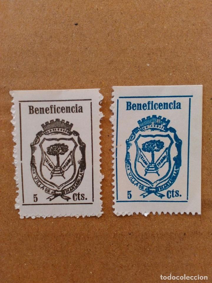Briefmarken: VILLA DE MANZANILLA. BENEFICENCIA. 2 SELLOS DE 5 CTS. EN DIVERSOS COLORES.