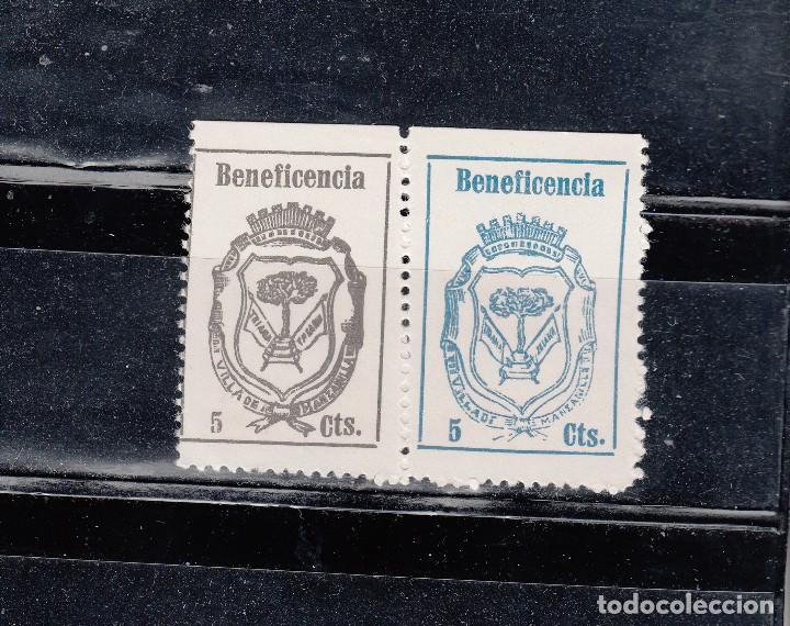 Briefmarken: VILLA DE MANZANILLA. BENEFICENCIA. 2 SELLOS COLORES DIVERSOS EN PAREJA