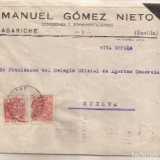 Sellos: 1937 SOBRE CIRCULADO DE CASARICHE (SEVILLA) A HUELVA 2 X 15C ROJA. Lote 101664259