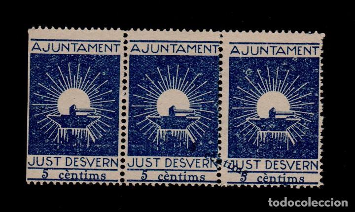 Briefmarken: CL4-12-08 Guerra Civil vi&ntilde;eta de JUST DESVERN 5 cts AZUL con Valor AZUL Fesofi n&ordm; 5 TRIO CON DOBLE