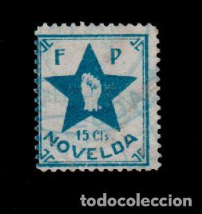 Briefmarken: CL4-15-53 Guerra Civil NOVELDA (Alicante) 15 cts papel transparente Fesofi n&ordm; 6 AZUL
