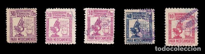 Briefmarken: *** FISCALES, SERIE DE 3 VALORES Y VARIEDADES. ESPECIAL M&Oacute;VIL PARA MEDICAMENTOS. USADOS ***