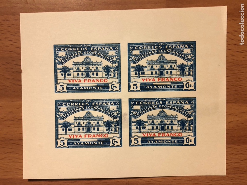 Briefmarken: Bloque de 4 sellos local guerra civil.ayamonte cocinas econ&oacute;micas 5 cts