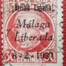 Sellos: EMISIONES PATRIÓTICAS, MÁLAGA. SELLOS REPUBLICANOS Y NACIONALES SOBRECARGADOS, 1937 (Nº 18 EDIFIL).. Lote 142646377