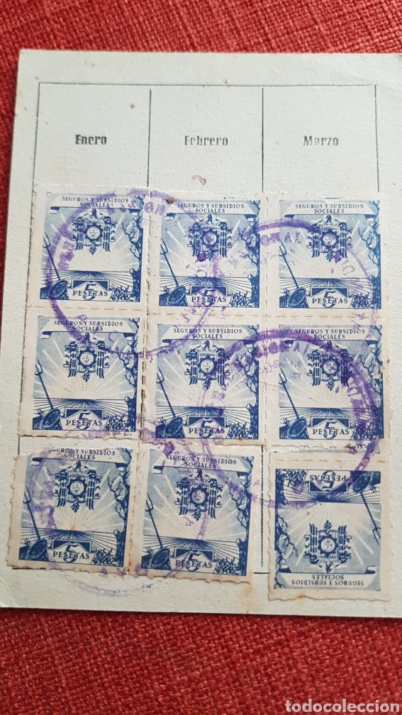 Briefmarken: 8 vi&ntilde;etas seguro y subsidio social en hoja de cotizacion