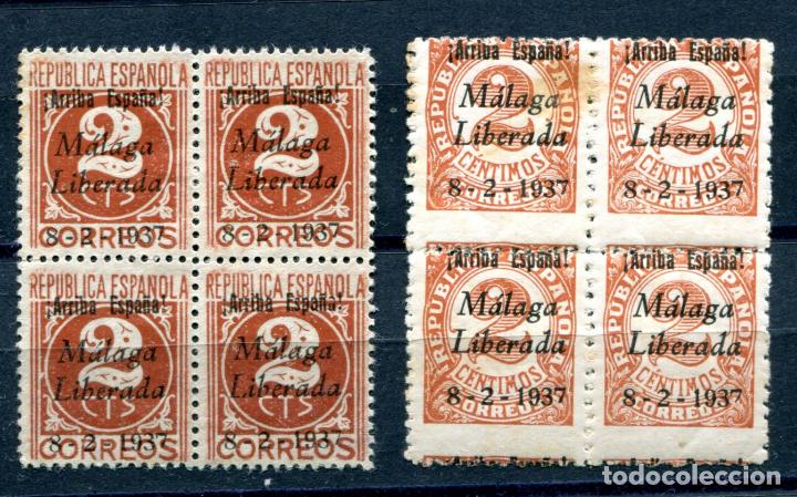 Timbres: 2 bloques de 4  de M&aacute;laga. El primero sin goma, el segundo sin fijasellos pero mancha de &oacute;xido