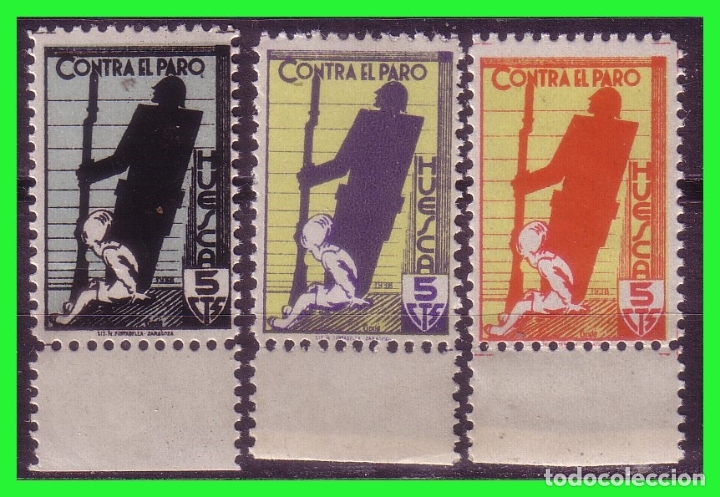 Briefmarken: Guera Civil sellos locales Huesca, FESOFI n&ordm; 14 a 16 * * Ni&ntilde;o sentado y combatiente