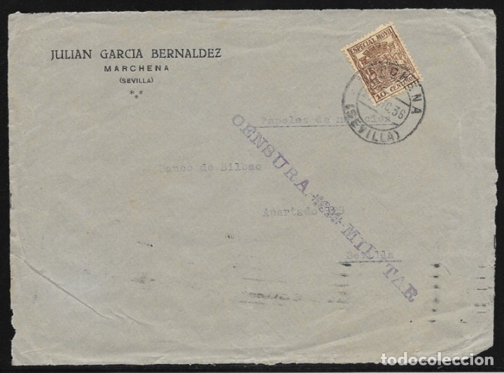 Sellos: 1936.- MARCHENA (SEVILLA) A SEVILLA) - Foto 1