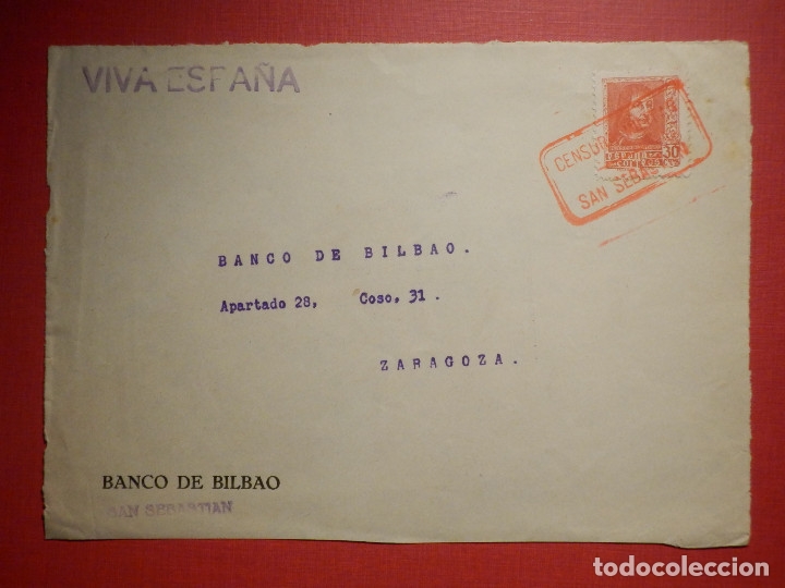 SELLO CENSURA MILITAR - SAN SEBASTIAN - VIVA ESPAÑA - BANCO DE BILBAO - 1937 (Sellos - España - Guerra Civil - De 1.936 a 1.939 - Cartas)
