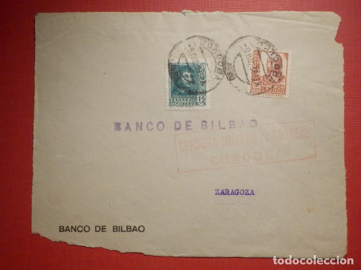 SELLO CENSURA MILITAR - CÓRDOBA - VIVA ESPAÑA - BANCO DE BILBAO - 1937 (Sellos - España - Guerra Civil - De 1.936 a 1.939 - Cartas)