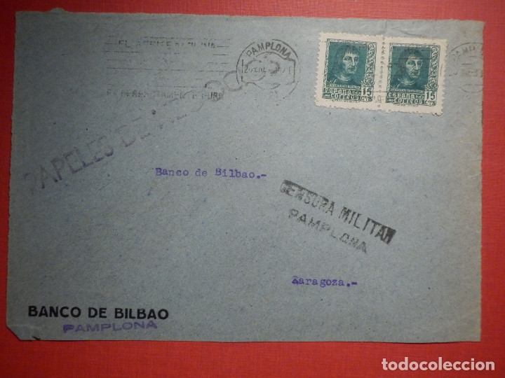 SELLO CENSURA MILITAR - PAMPLONA - BANCO DE BILBAO - 1937 (Sellos - España - Guerra Civil - De 1.936 a 1.939 - Cartas)