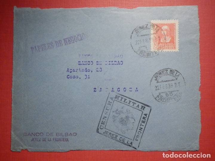 Sellos: Sello Censura Militar - Jerez de la Frontera - Banco de Bilbao - 1939 - Foto 1 - 182769758