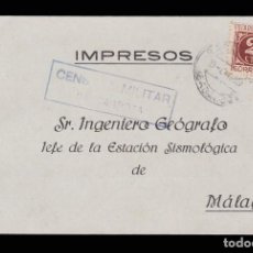 Sellos: TARJETA VALLE DE SANTA ANA (BADAJOZ) -MÁLAGA 1939. CENSURA BARCARROTA (AZUL). ESTACIÓN SISMOLÓGICA *