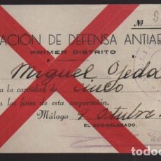 Sellos: MALAGA,-5 PTS.- DONATIVO- COMITE DE ENLACE- DELG. DEFENSA ANTIAEREA.- REPUBLICANO- 9 OCTUBRE 1936,-