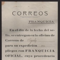 Sellos: POYALES- LOGROÑO- CORREOS FRANQUICIA- ENTREGA SELLAS FRANQUICIA OFICIAL- DIC 1937-VER FOTOS