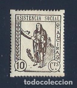 Briefmarken: V1-1 Guerra Civil ALCIRA (Valencia) ASISTENCIA SOCIAL Fesofi n&ordm; 5 Valor 10 cts. Color CASTA&Ntilde;O fija