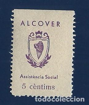 Briefmarken: V1-1 Guerra Civil ALCOVER (Tarragona) Fesofi n&ordm; 4 Valor 5 cts Color CASTA&Ntilde;O VIOLETA Fijasellos