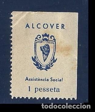 Briefmarken: V1-1 Guerra Civil ALCOVER (Tarragona) Fesofi n&ordm; 8 Valor 1 pta. Color AZUL OSCURO Fijasellos Mancha d