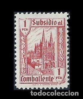 Briefmarken: V1-4 Guerra Civil BURGOS Subsidio al Combatiente 1 PTA. Color ROJO Fesofi n&ordm; 13 Sin fijasellos