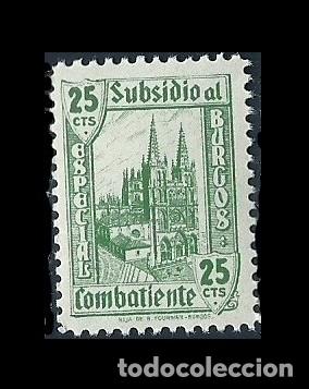 Briefmarken: V1-4 Guerra Civil BURGOS Subsidio al Combatiente 25 cts. Color VERDE Fesofi n&ordm; 12 Sin fijasellos