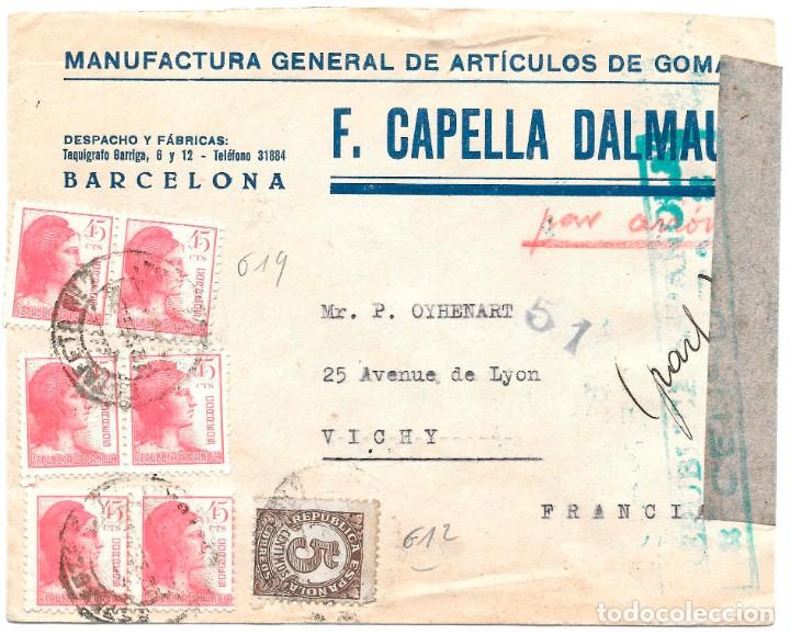 1938 CARTA SOBRE CORREO AÉREO. BARCELONA A FRANCIA. ALEGORÍA DE LA REPÚBLICA 45 CENT X (4) + 5 CENT (Sellos - España - Guerra Civil - De 1.936 a 1.939 - Cartas)