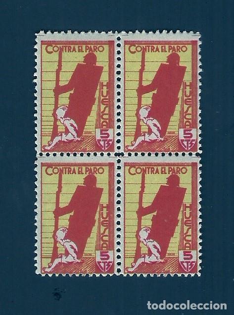 Stamps: V1-8 Guerra Civil HUESCA CONTRA EL PARO Fesofi n&ordm; 16 Color ROJO Y AMARILLO Valor 5 cts en Blooque