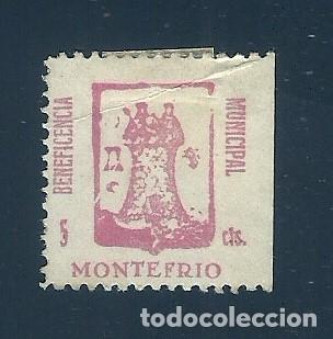 Stamps: V1-9 Guerra Civil MONTEFRIO Valor 5 cts. Color ROSA ROJIZO con fijasellos