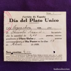 Sellos: VIÑETA VALE DEL DIA DE PLATO UNICO DE GUIPUZCOA. 1938. 4 PTAS. FOURNIER. VIÑETA-SELLO-SELLOS
