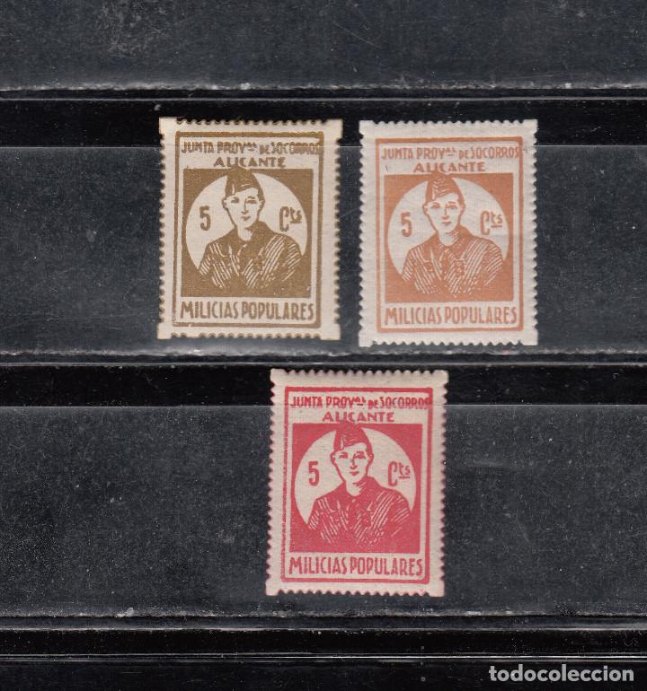 Stamps: ALICANTE. MILICIAS POPULARES. 3 SELLS DIVERSOS DE 5 CTS.
