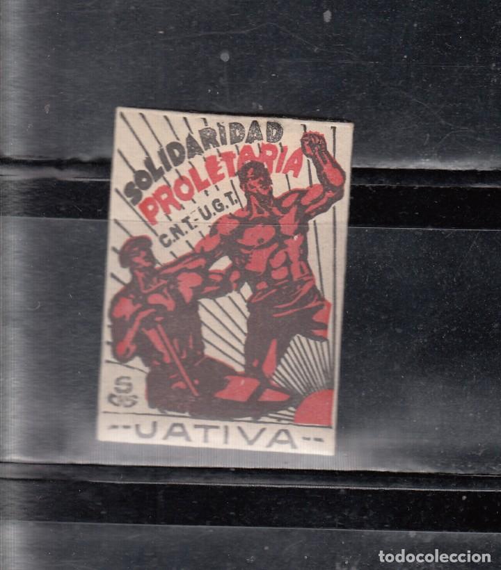 Stamps: JATIVA. SOLIDARIDAD PROLETARIA. UGT-CNT. 5 CTS.