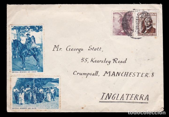 Briefmarken: * BONITA CARTA SEVILLA-MANCHESTER 1948. DOS VI&Ntilde;ETAS ROMERIA DEL ROCIO Y 10 CTS MUTUALIDAD CORREOS *