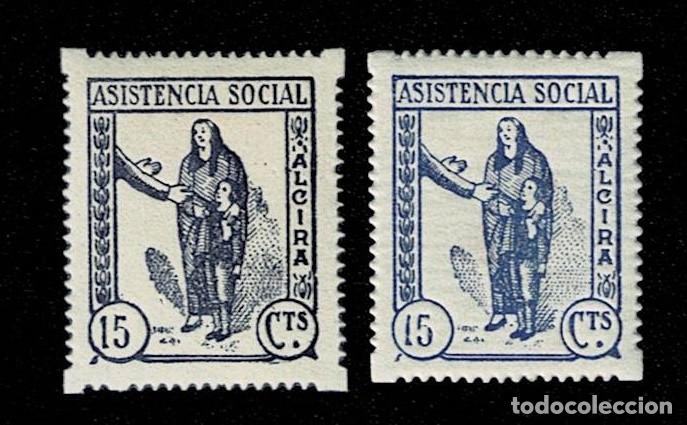 Briefmarken: V1-22 Guerra Civil ALCIRA Fesofi n&ordm; 2 Valor 15 cts Pareja Variedad uno TAMA&Ntilde;O MAYOR , COLOR AZUL OSC