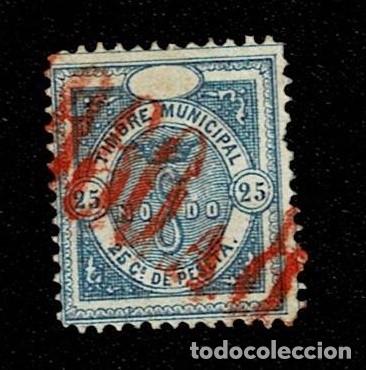 Briefmarken: N-6 ESPA&Ntilde;A Timbre Municipal A&ntilde;o 1876 NO-DO Valor 25 cts Color AZUL. Usado Matasellos ROJO.