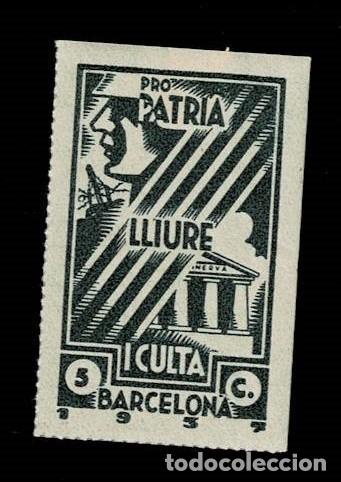 Stamps: GG Guerra Civil BARCELONA PRO PATRIA LLIURE I CULTA Fesofi n&ordm; 27 Valor 5 cts. Color VERDE Con fijase