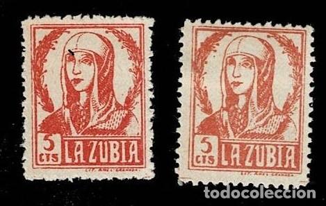 Francobolli: Guerra Civil LA ZUBIA Fesofi n&ordm; 3 + 3a Valor 5 cts Color NARANJA y NARANJA ROJIZO Con fijasellos