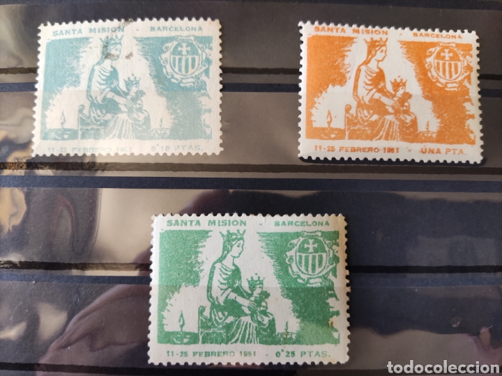 Stamps: Lote 3 sellos-vi&ntilde;etas- BARCELONA SANTA MISI&Oacute;N- 0.10, 0.15 y 1 peseta.
