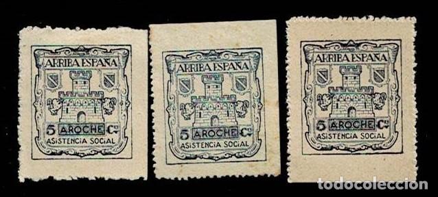 Francobolli: CL8-19 Guerra Civil AROCHE Asistencia Social Fesofi n&ordm; 3 Valor 5 cts Color AZUL SOBRE CREMA Varieda