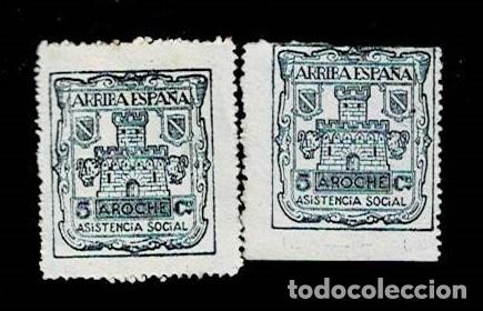 Francobolli: CL8-19 Guerra Civil AROCHE Asistencia Social Fesofi n&ordm; 4 Valor 5 cts Color PIZARRA y AZUL Variedad C