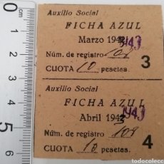 Sellos: CUENCA. AUXILIO SOCIAL. 2 CUOTAS FICHA AZUL, 10 PESETAS, 1943. RAROS.. Lote 300359458