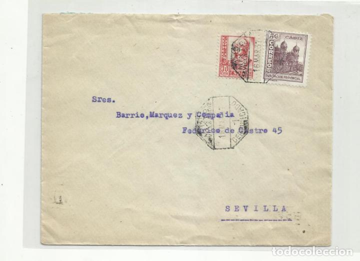 Sellos: 1937 DE ARTILLERIA NAVAL SAN FERNANDO CADIZ A SEVILLA CON FECHADOR AMBULANTE MIXTO Y SELLO LOCAL