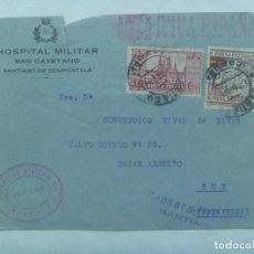 Sellos: SOBRE CIRCULADO DE HOSPITAL MILITAR REPUBLICA A TUY, VIÑETA SANTIAGO, CENSURA, SELLO COMPOSTELANO