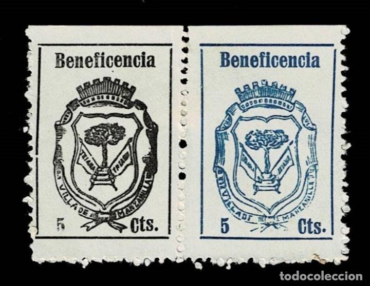 Briefmarken: Guerra Civil MANZANILLA - BENEFICENCIA Fesofi n&ordm; 4a y 5 en PAREJA HORIZONTAL (ts ALZADAS) Cifras GRA