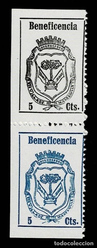 Briefmarken: Guerra Civil MANZANILLA - BENEFICENCIA Fesofi n&ordm; 4 y 5 en PAREJA Cifras GRANDES Papel ORDINARIO Valo