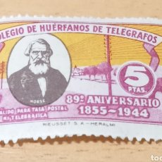 Sellos: COLEGIO DE HUÉRFANOS DE TELÉGRAFOS 5 PTA, 89º ANIVERSARIO 1855-1944. Lote 322035123
