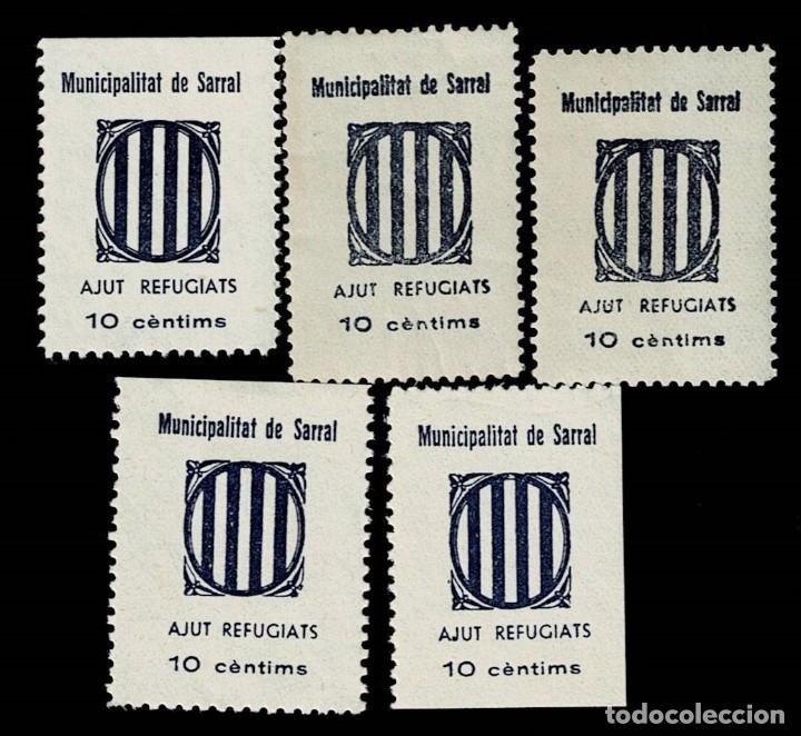 Briefmarken: CL8-4 Guerra Civil SARRAL (Tarragona). Municipalitat de Sarral 5 variedades de COLOR y PAPEL Valor 1